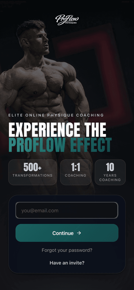 The ProFlow Physiques app on a phone, showing the client sign-in screen over a photo of Joey Farrell.