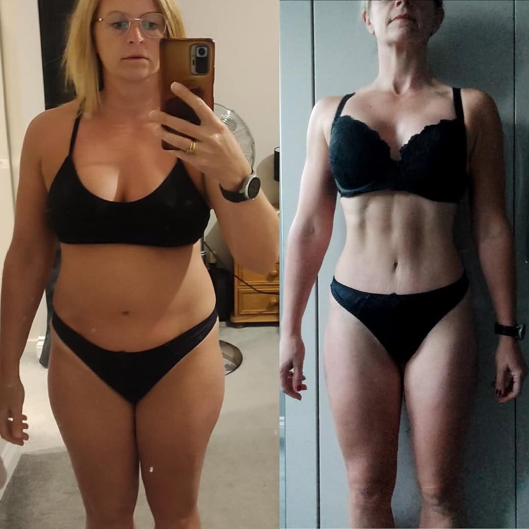 A ProFlow Physiques client before and after coaching, photographed in a mirror in both: at the start on the left, and on the right visibly leaner through the waist and midsection.