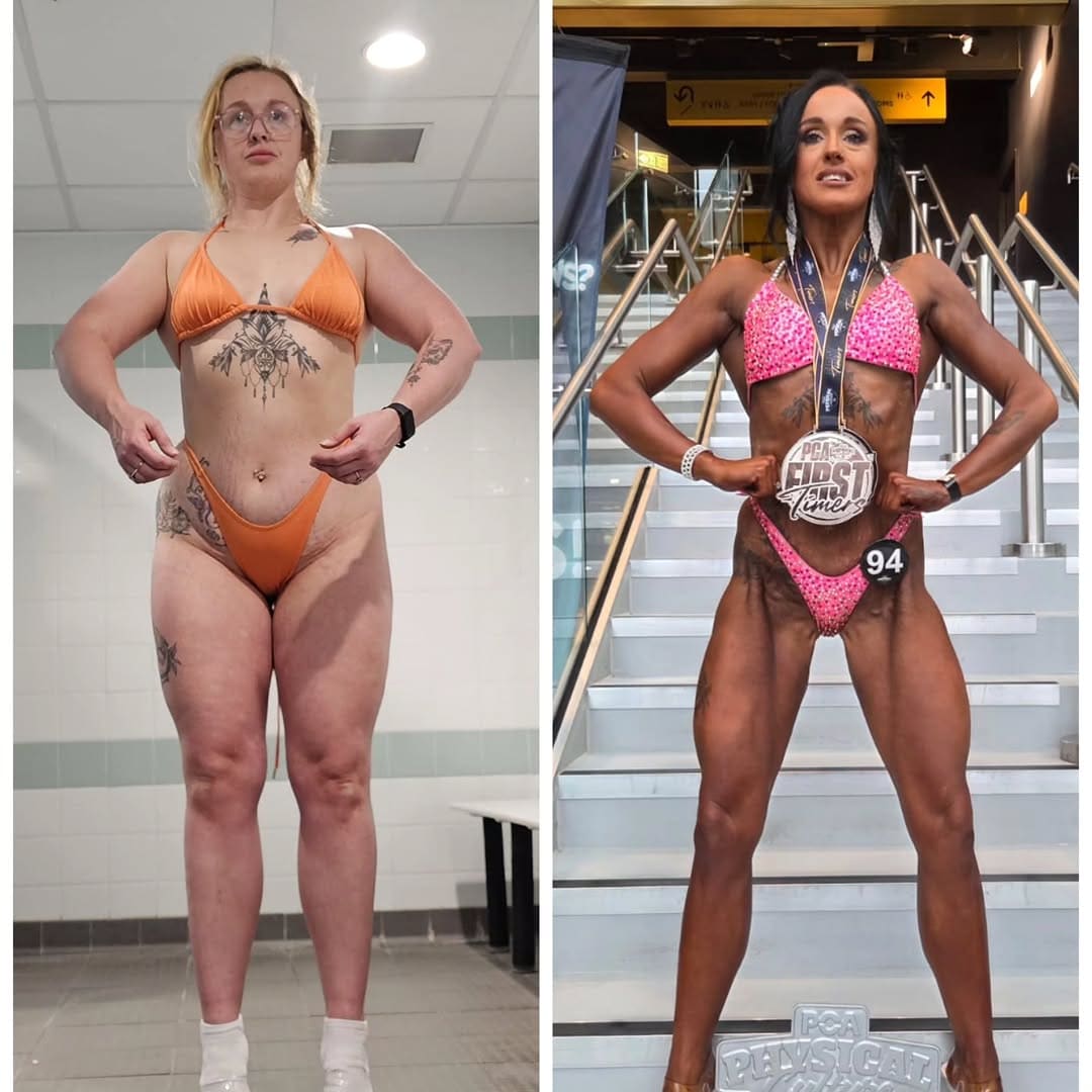 A ProFlow Physiques client before and after coaching: standing in a gym in a training bikini on the left, and on the right on a competition stage in a competition bikini, holding a medal.