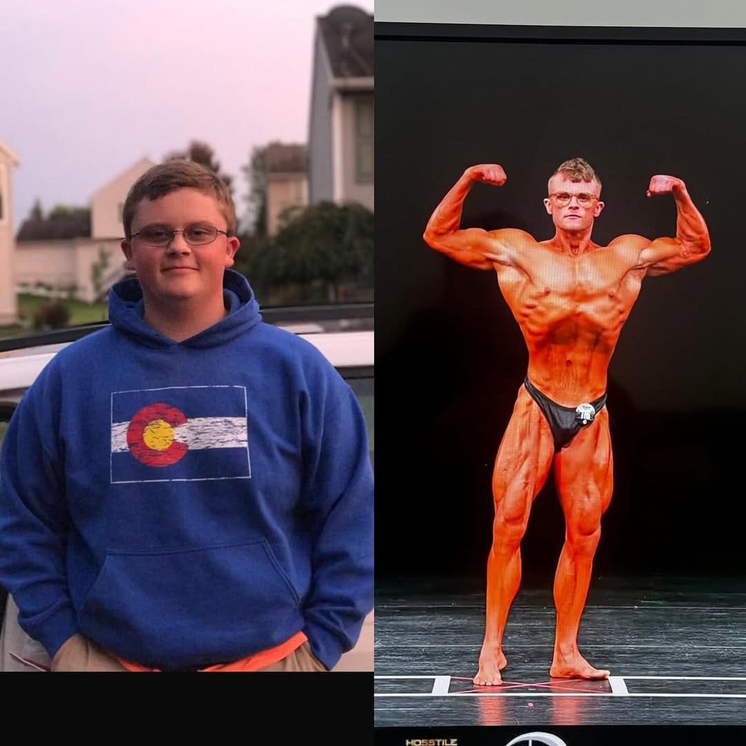 A ProFlow Physiques client before and after coaching: outdoors in a hooded sweatshirt at the start on the left, and on the right on a competition stage in trunks, holding a front double biceps pose.