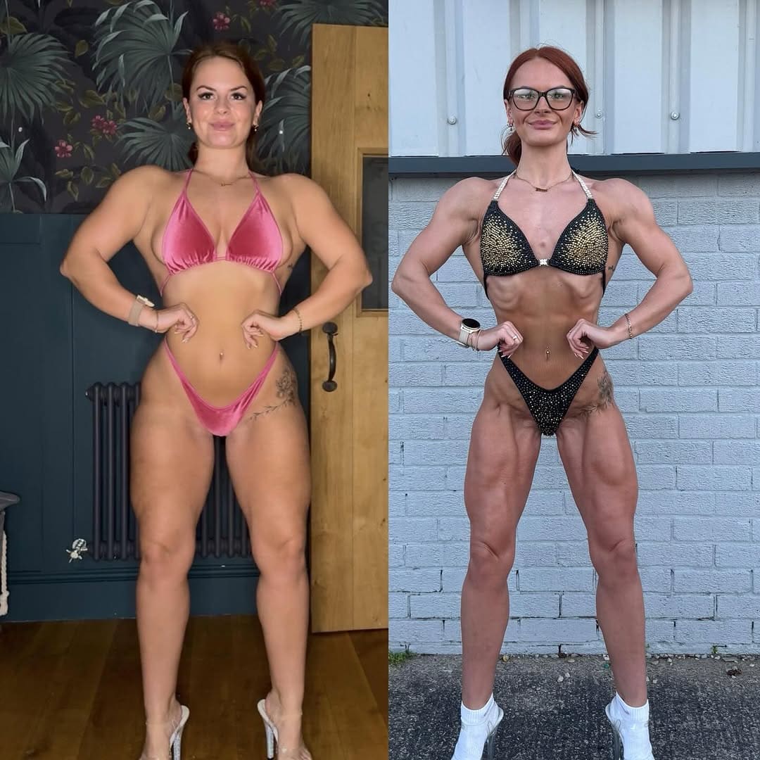 A ProFlow Physiques client before and after coaching: in a bikini at the start on the left, and on the right in a competition bikini, leaner and visibly more muscular through the shoulders, back and legs.