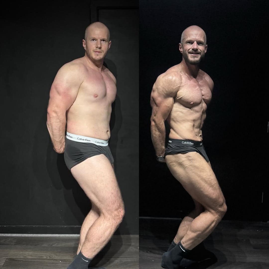 A ProFlow Physiques client before and after coaching, photographed against a dark background in both: at the start on the left, and on the right leaner with far more definition through the chest, arms and legs.