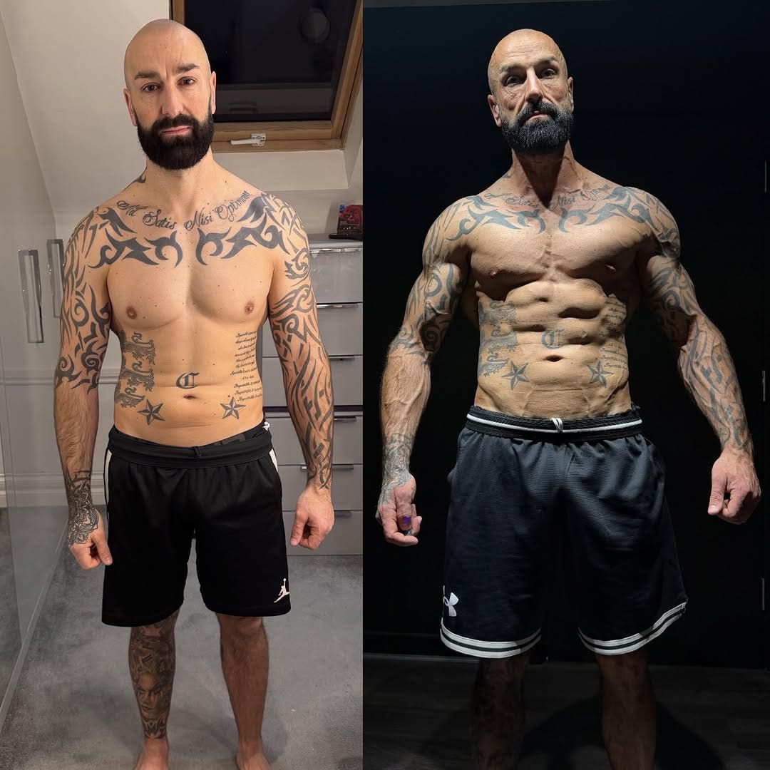 A ProFlow Physiques client before and after coaching, heavily tattooed: at home at the start on the left, and on the right much leaner with a clearly defined midsection and shoulders.