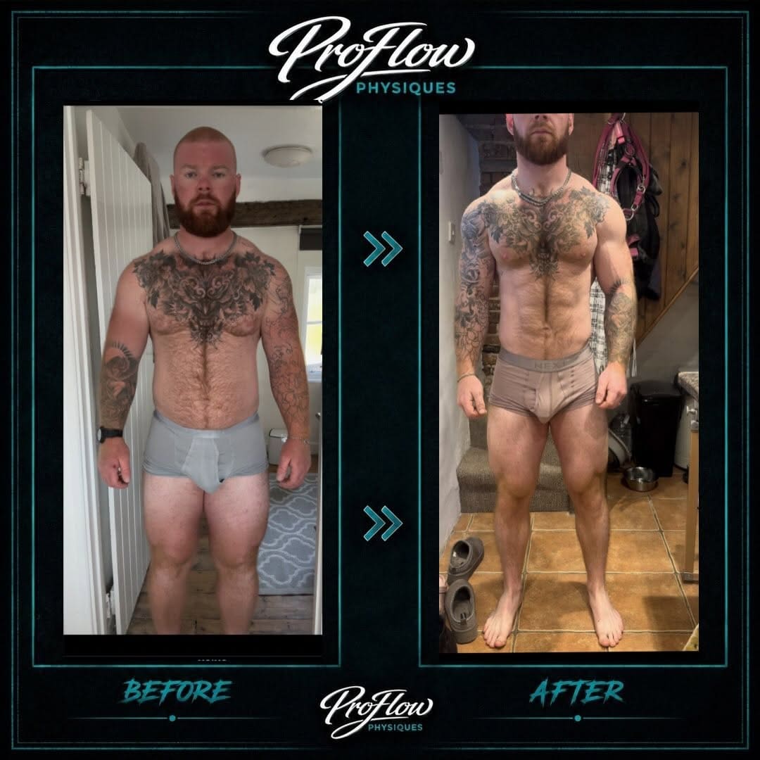 A ProFlow Physiques client before and after coaching, shown in a ProFlow before and after frame: standing in a hallway at the start on the left, and on the right visibly leaner with far more definition through the chest, arms and midsection.