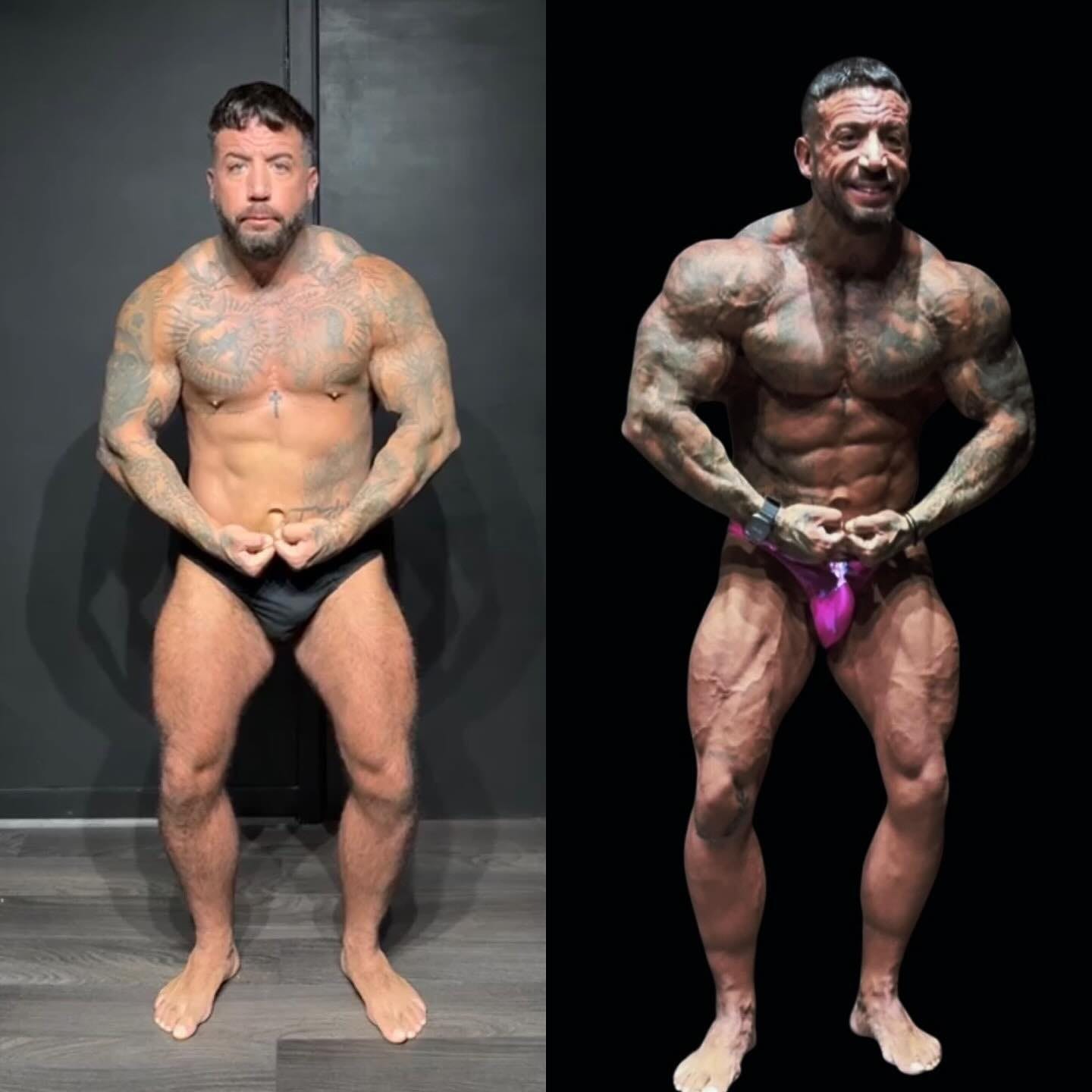 A ProFlow Physiques client before and after coaching, in the same pose in both photos: a home snapshot on the left, and on the right a far leaner and fuller physique shot against a dark backdrop.