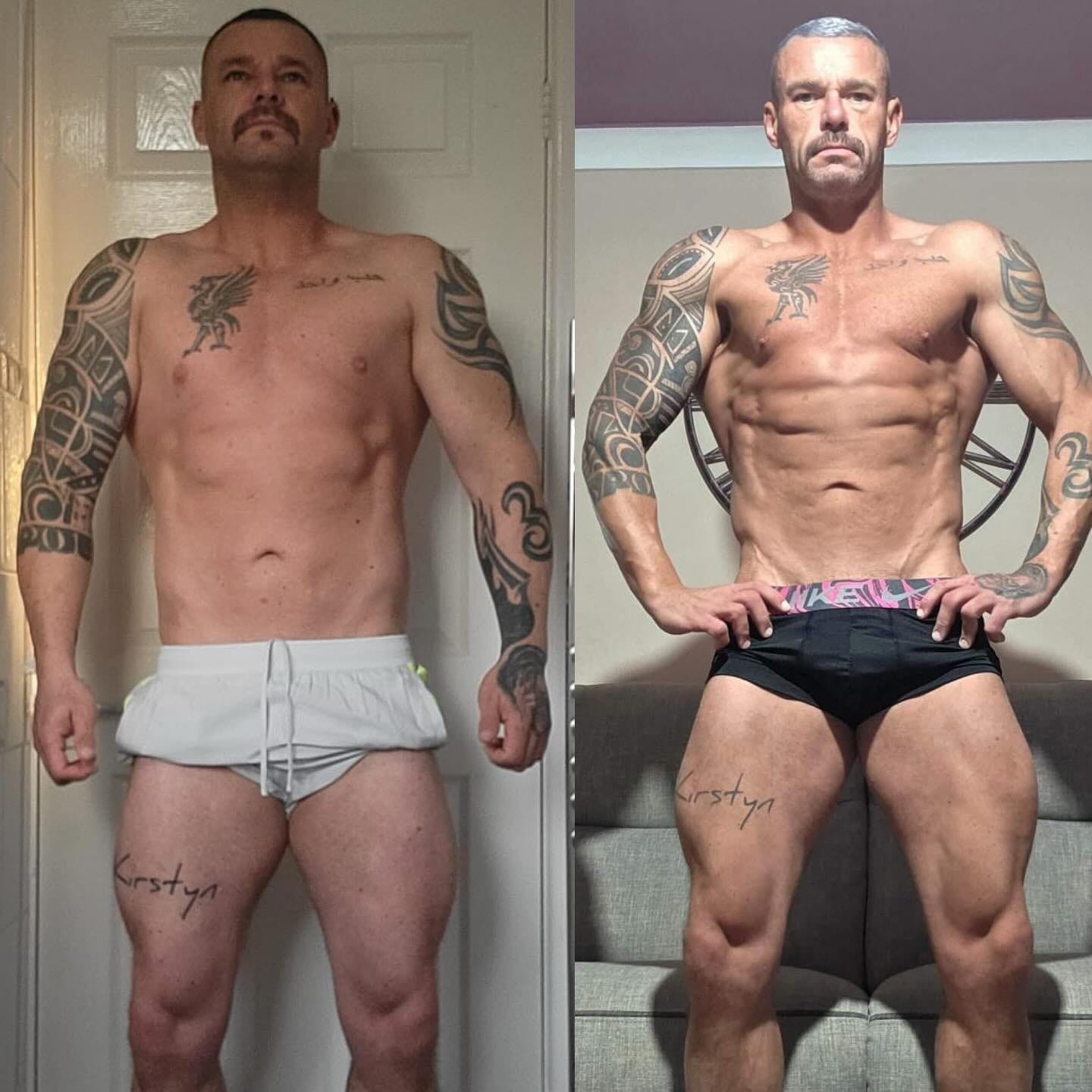 A ProFlow Physiques client before and after coaching: standing at home before starting on the left, and on the right visibly leaner with much more definition across the shoulders, arms and midsection.