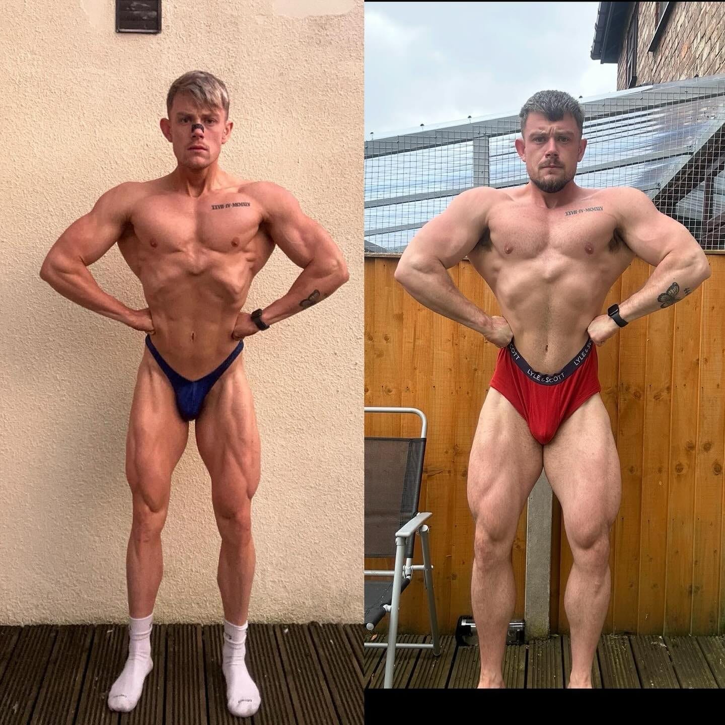 A ProFlow Physiques client before and after coaching, posing in both photos: before starting on the left, and on the right noticeably fuller, harder and more defined.