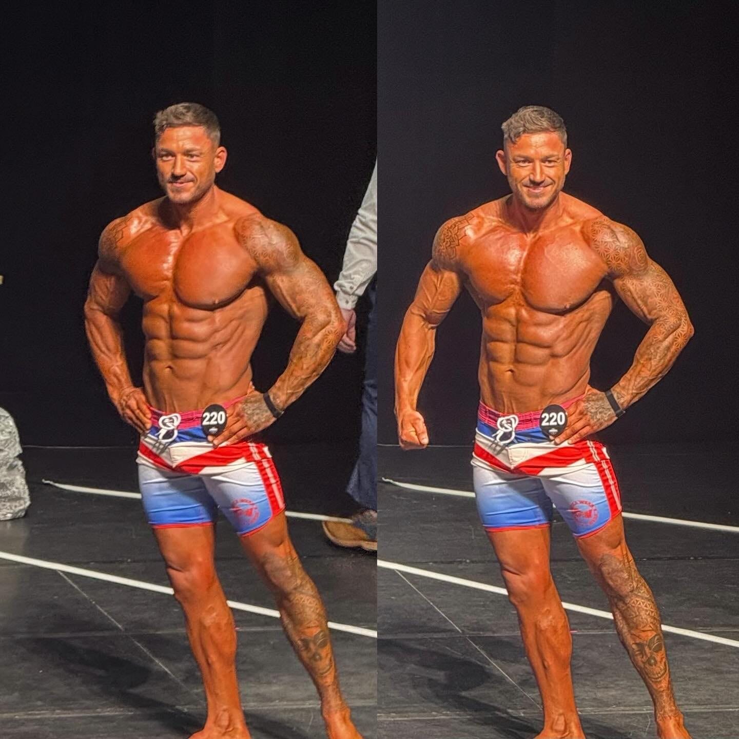 A ProFlow client on stage at a bodybuilding competition, shown in two poses.
